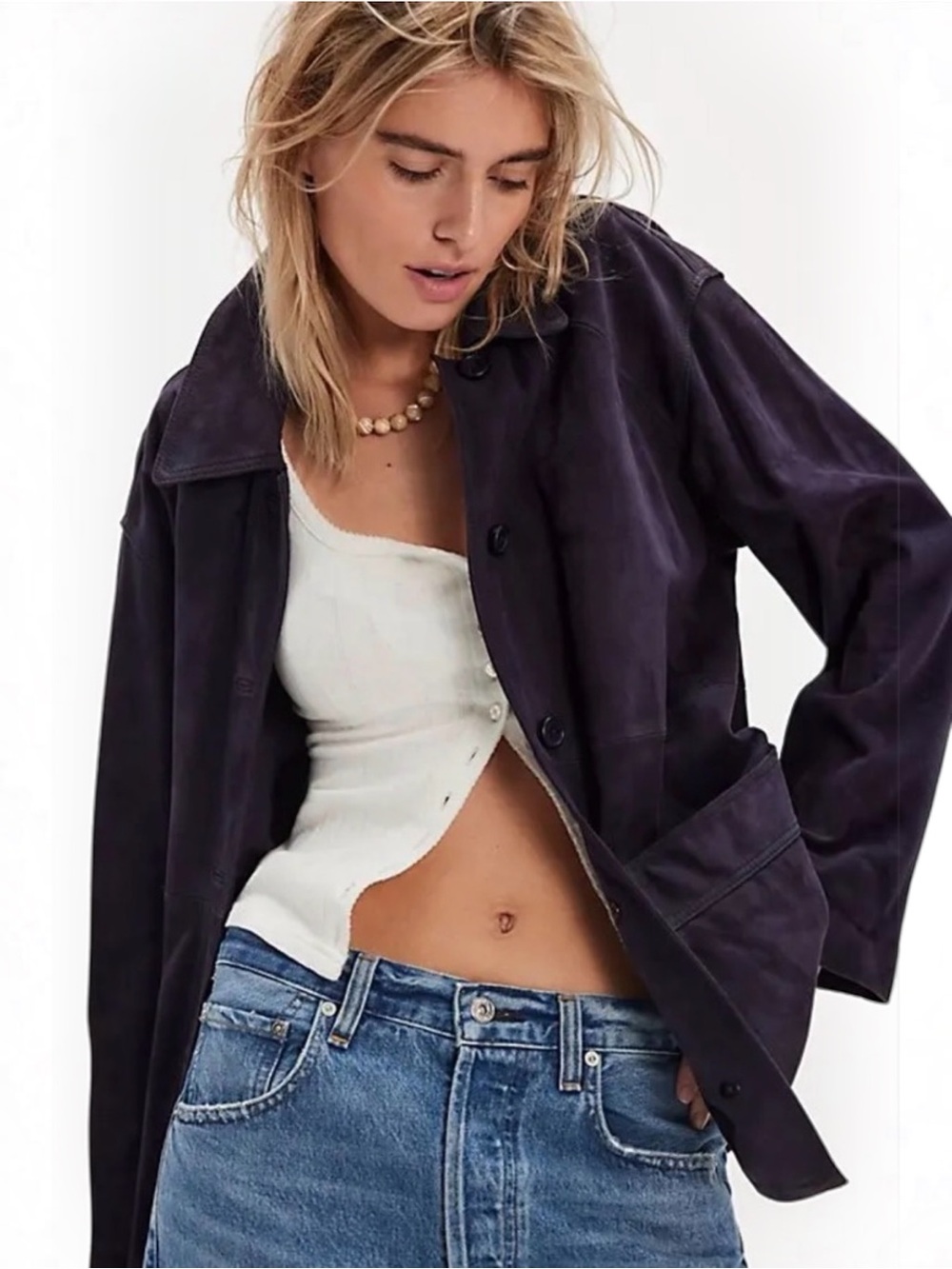 Free People X We The Free Annalise Suede Shirt Jacket Navy Large NWOT
